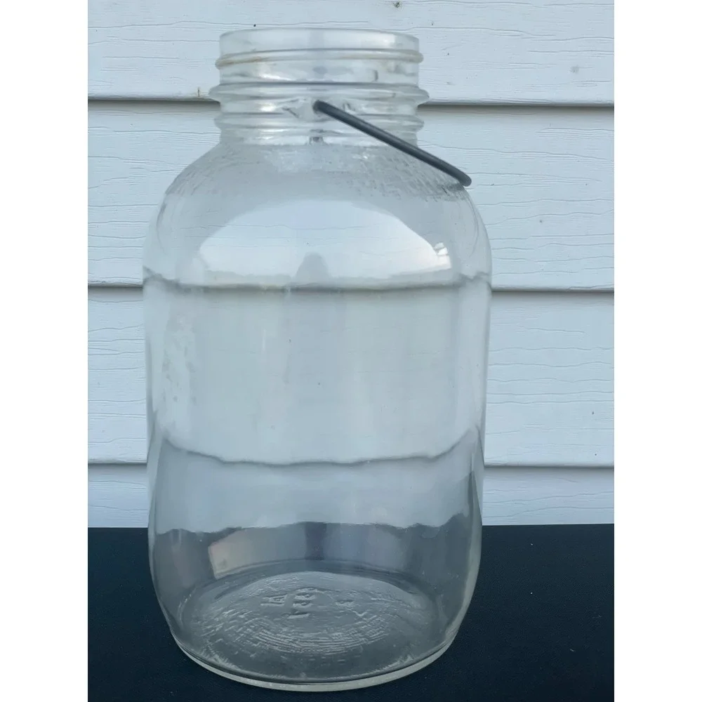 Hazel-Atlas Vintage Glass Jar with Wire Bail Handle Clear Pebbled Shoulder 8in